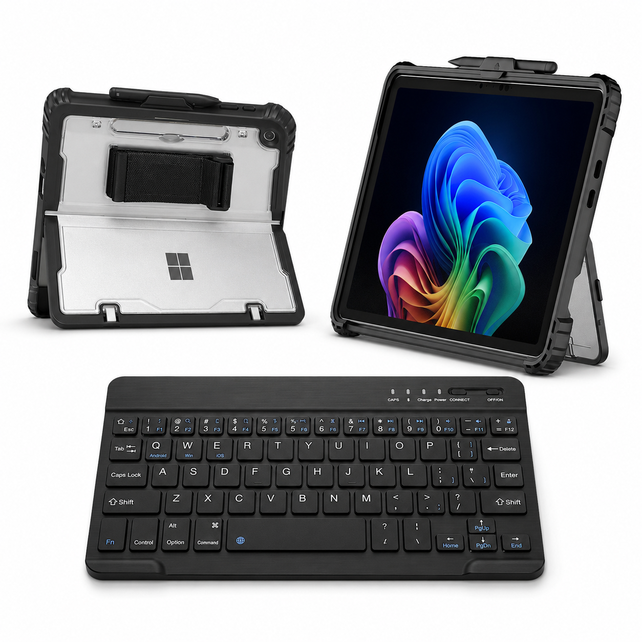 RhinoGuard Apex Shield Surface case in Black without shoulder strap and included Black 10-inch RhinoKeys Pro wireless keyboard