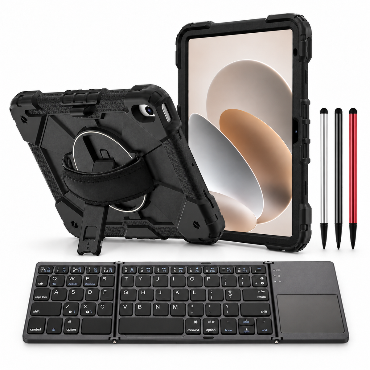 RhinoGuard Apex Command WorkForce Fold: Black / Black iPad case, black folding keyboard and black, silver and red stylus 3-pack