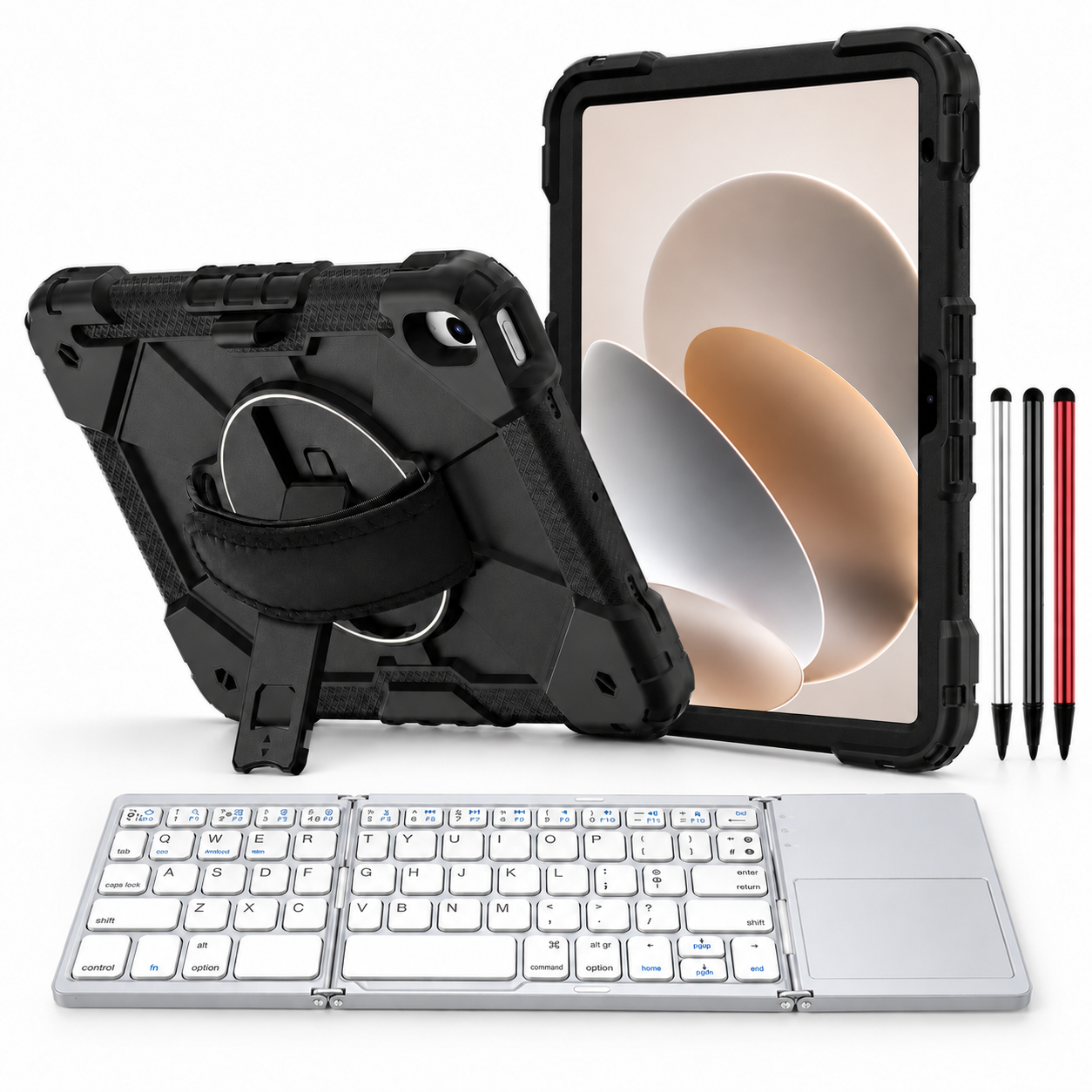 RhinoGuard Apex Command WorkForce Fold: Black / Black iPad case, silver folding keyboard and black, silver and red stylus 3-pack