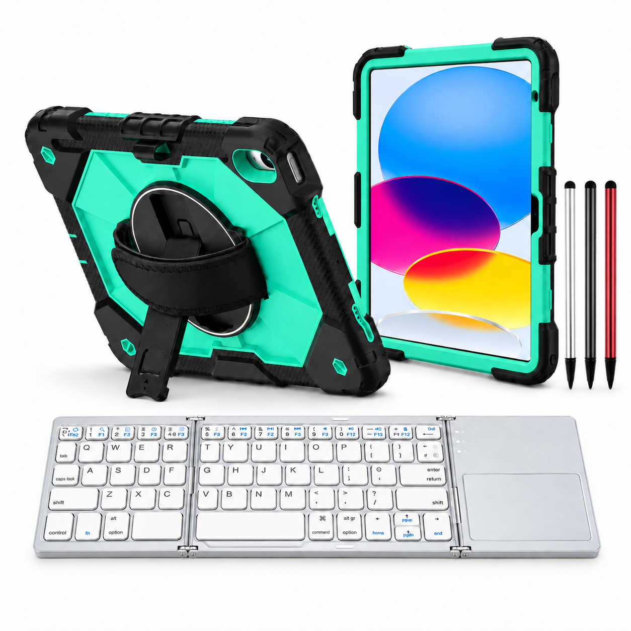 RhinoGuard Apex Command WorkForce Fold: Black / Mint Green iPad case, silver folding keyboard and black, silver and red stylus 3-pack
