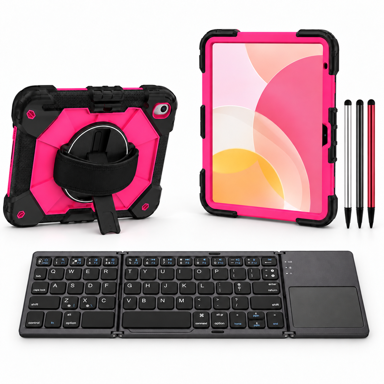 RhinoGuard Apex Command WorkForce Fold: Black / Rose iPad case, black folding keyboard and black, silver and red stylus 3-pack