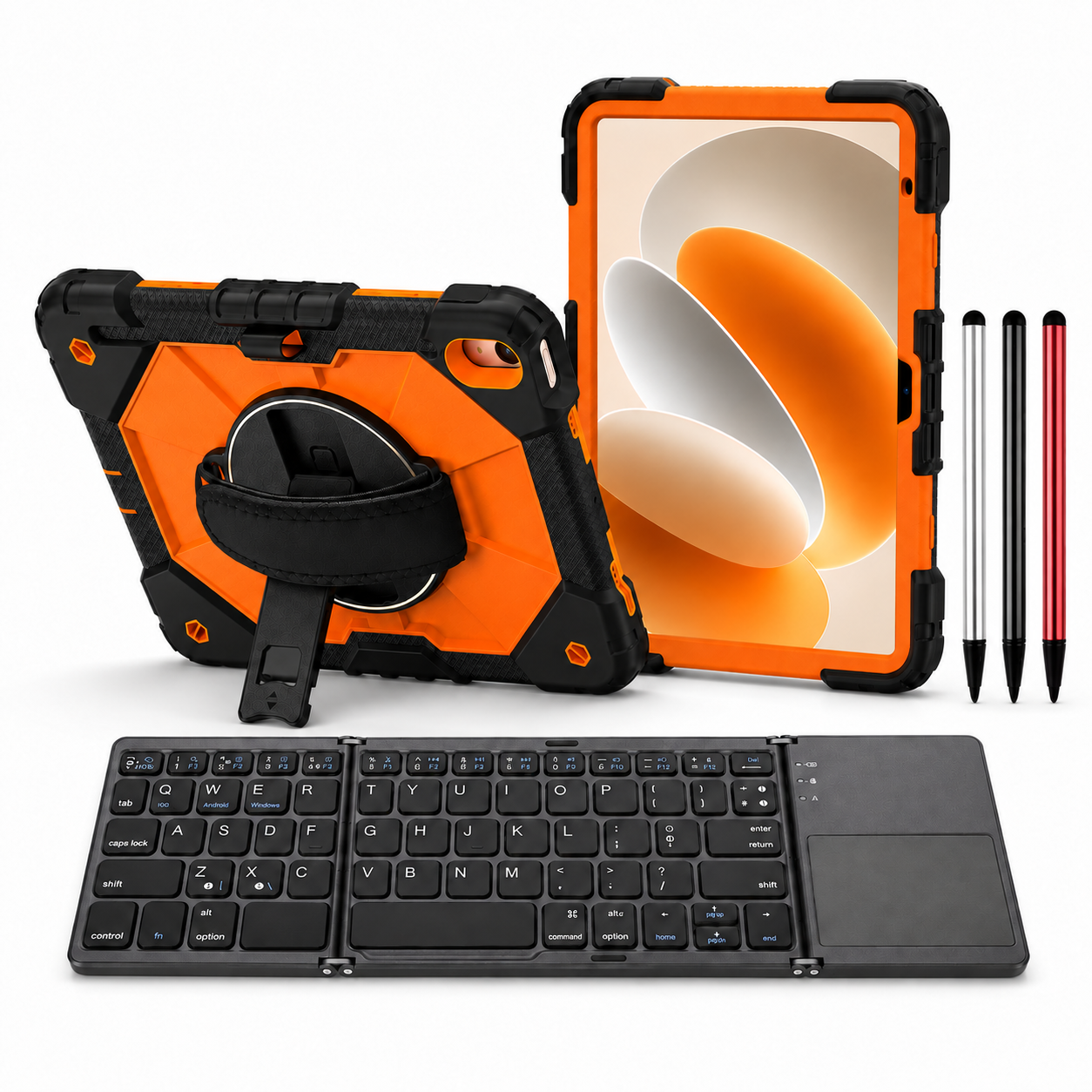 RhinoGuard Apex Command WorkForce Fold: Black / Safety Orange iPad case, black folding keyboard and black, silver and red stylus 3-pack