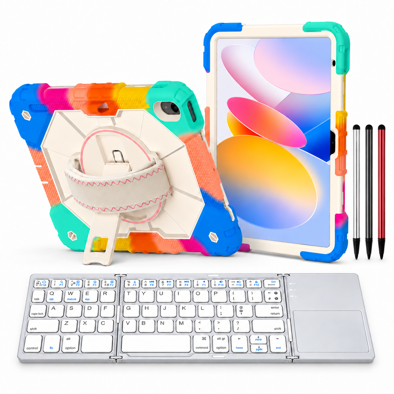 RhinoGuard Apex Command WorkForce Fold: Colorful Blue iPad case, silver folding keyboard and black, silver and red stylus 3-pack