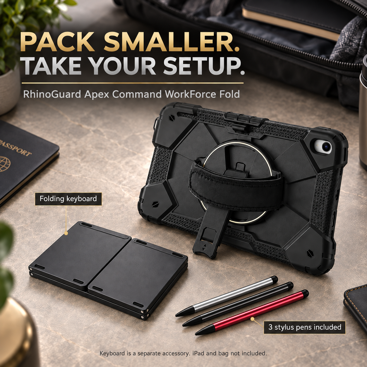 RhinoGuard Apex Command WorkForce Fold folded with folding keyboard and black, silver and red stylus 3-pack