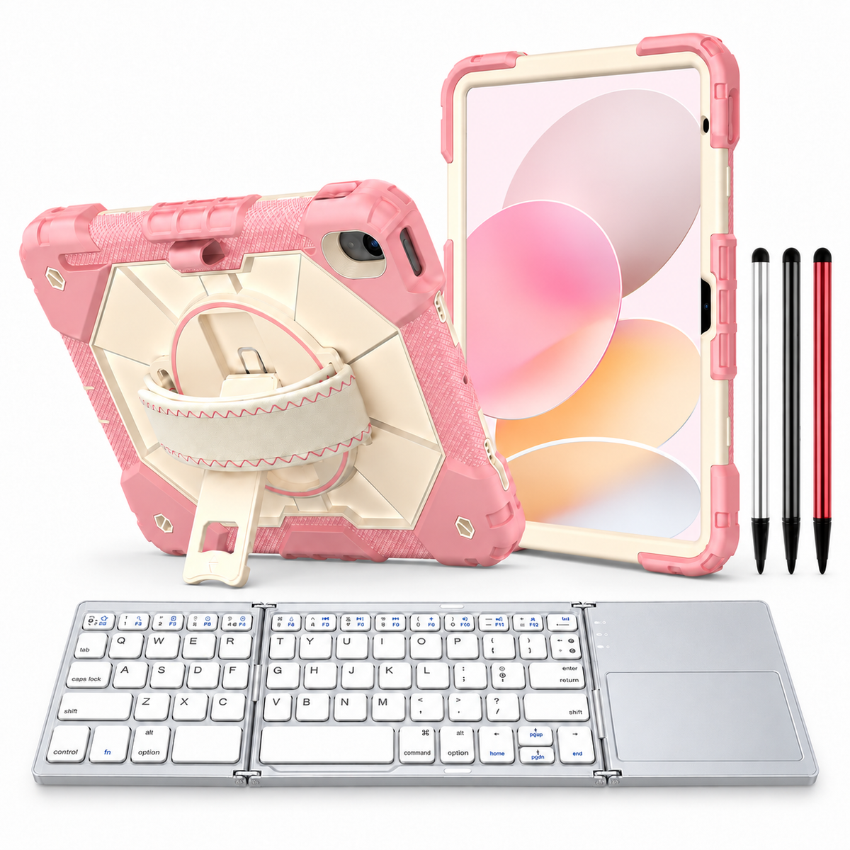 RhinoGuard Apex Command WorkForce Fold: Rose Gold iPad case, silver folding keyboard and black, silver and red stylus 3-pack
