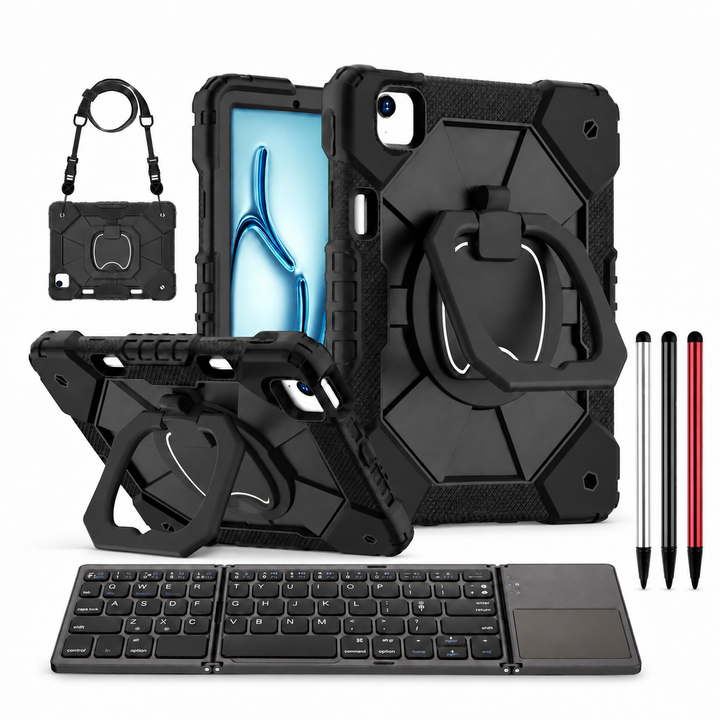 RhinoGuard ArmorPro WorkForce Fold: Black iPad case, black folding keyboard and black, silver and red stylus 3-pack