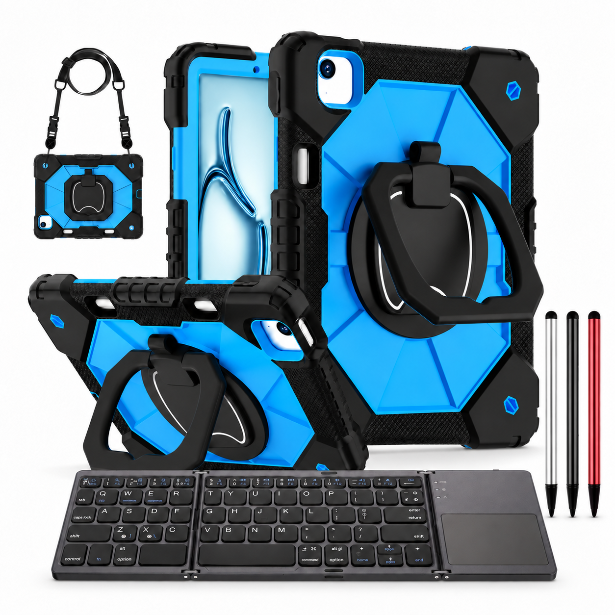 RhinoGuard ArmorPro WorkForce Fold: Black Blue iPad case, black folding keyboard and black, silver and red stylus 3-pack