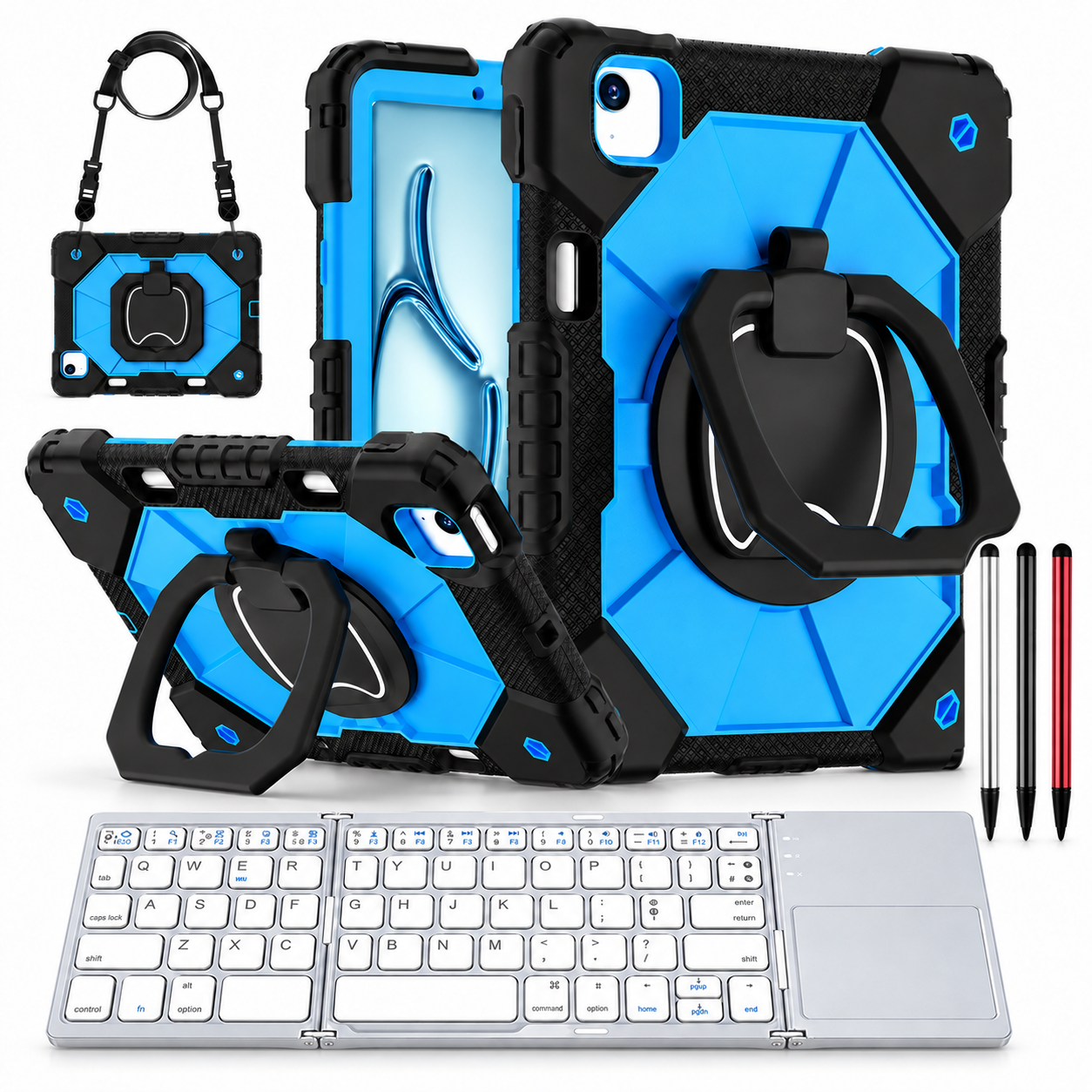RhinoGuard ArmorPro WorkForce Fold: Black Blue iPad case, silver folding keyboard and black, silver and red stylus 3-pack