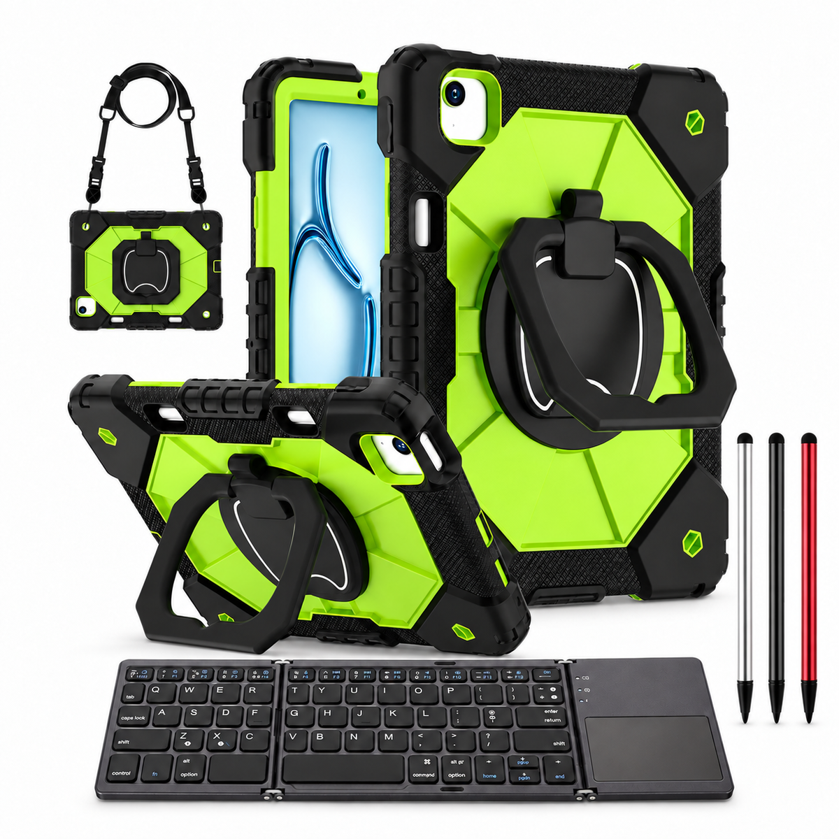 RhinoGuard ArmorPro WorkForce Fold: Black green iPad case, black folding keyboard and black, silver and red stylus 3-pack