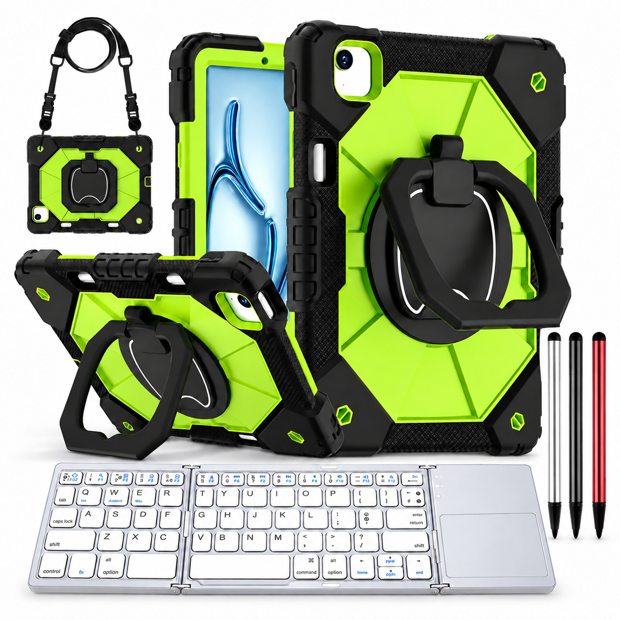 RhinoGuard ArmorPro WorkForce Fold: Black green iPad case, silver folding keyboard and black, silver and red stylus 3-pack