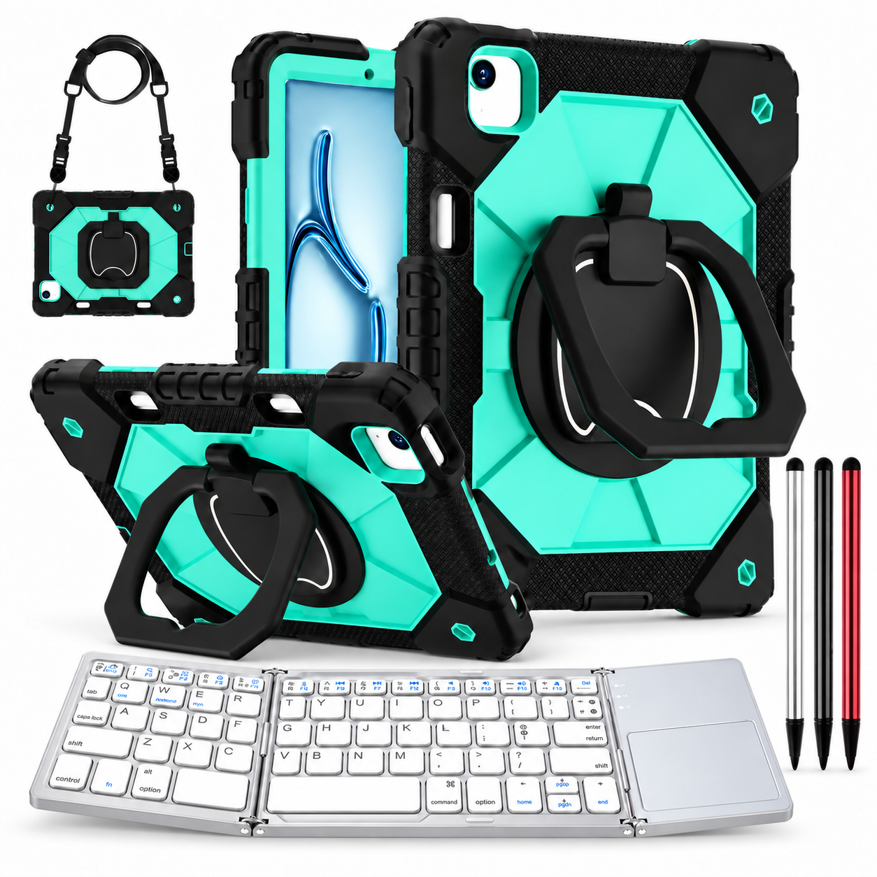 RhinoGuard ArmorPro WorkForce Fold: Black Mint iPad case, silver folding keyboard and black, silver and red stylus 3-pack