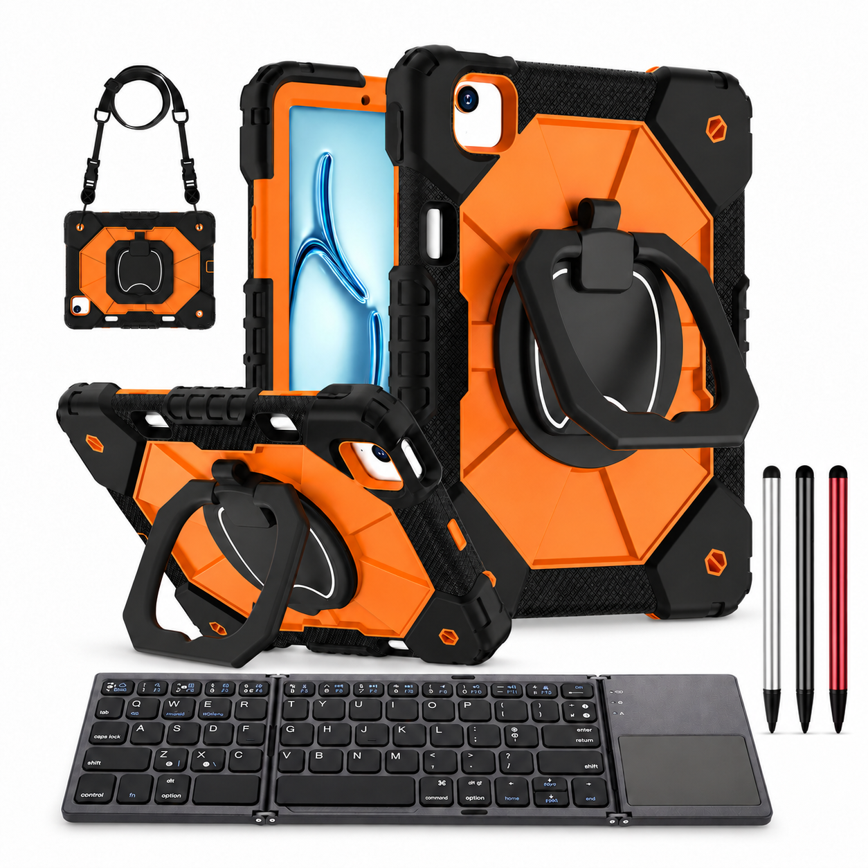 RhinoGuard ArmorPro WorkForce Fold: Black Orange iPad case, black folding keyboard and black, silver and red stylus 3-pack