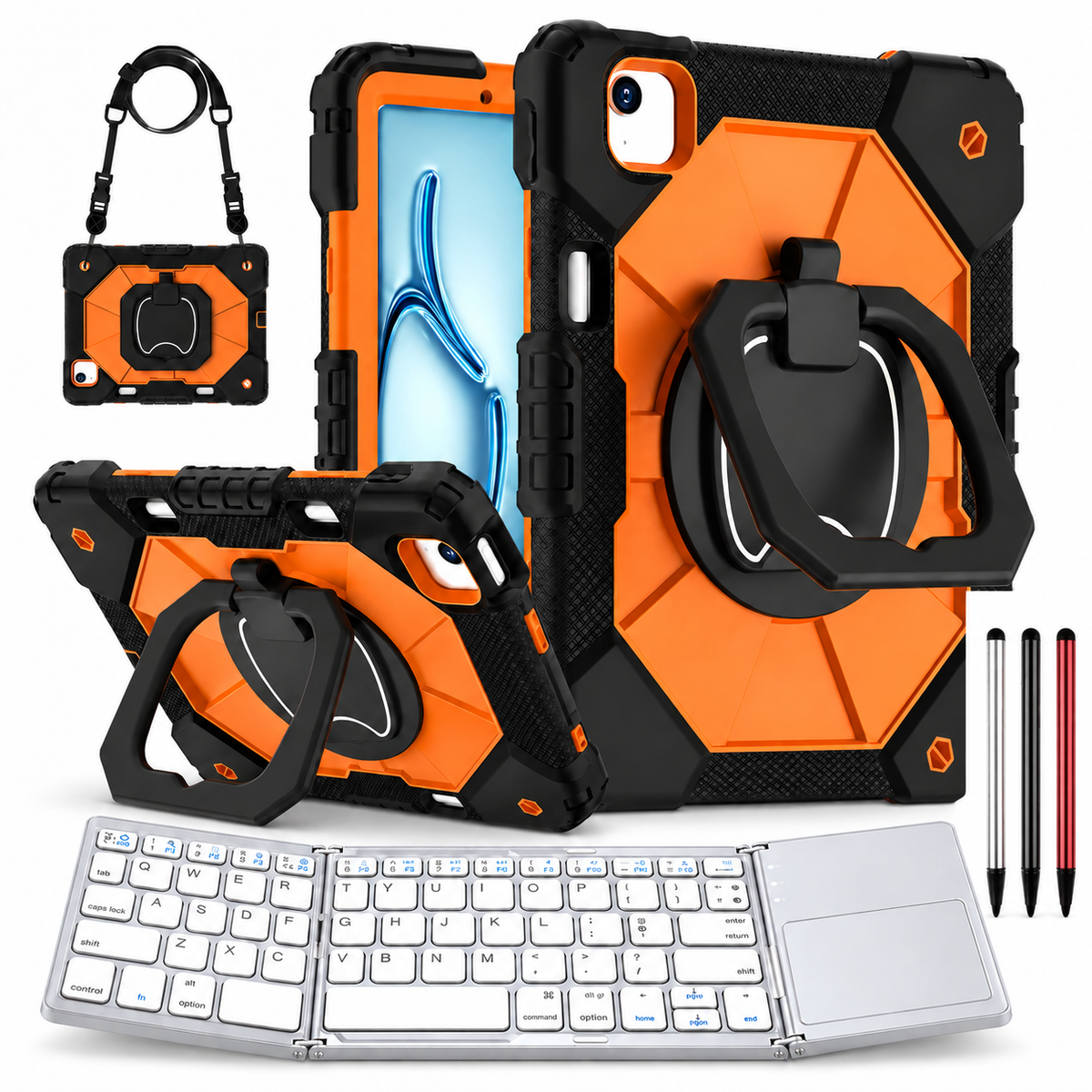 RhinoGuard ArmorPro WorkForce Fold: Black Orange iPad case, silver folding keyboard and black, silver and red stylus 3-pack