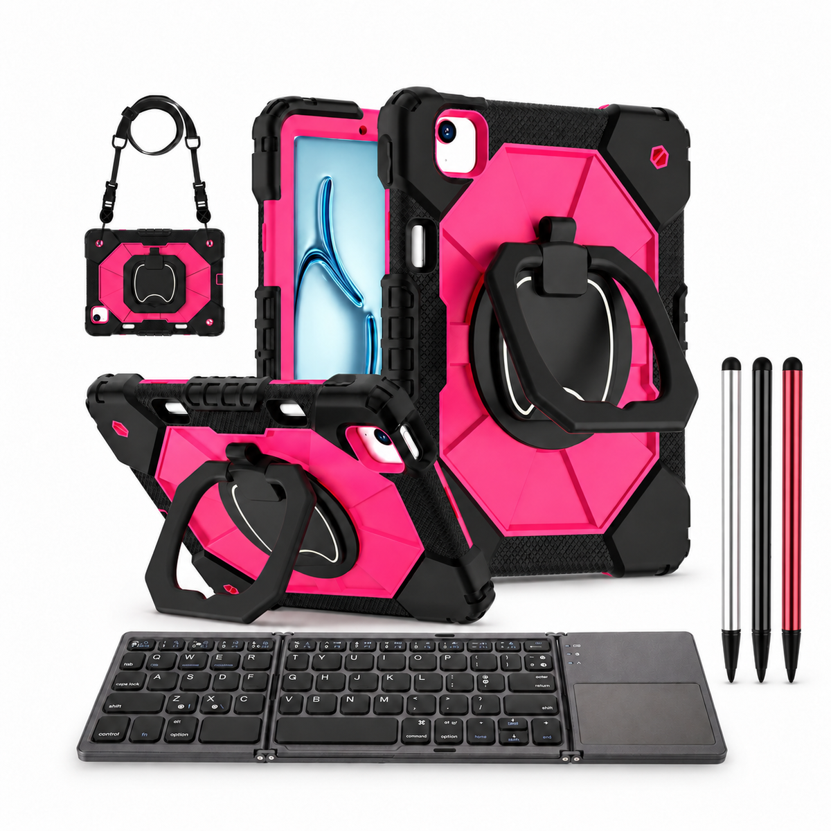 RhinoGuard ArmorPro WorkForce Fold: Black Rose iPad case, black folding keyboard and black, silver and red stylus 3-pack