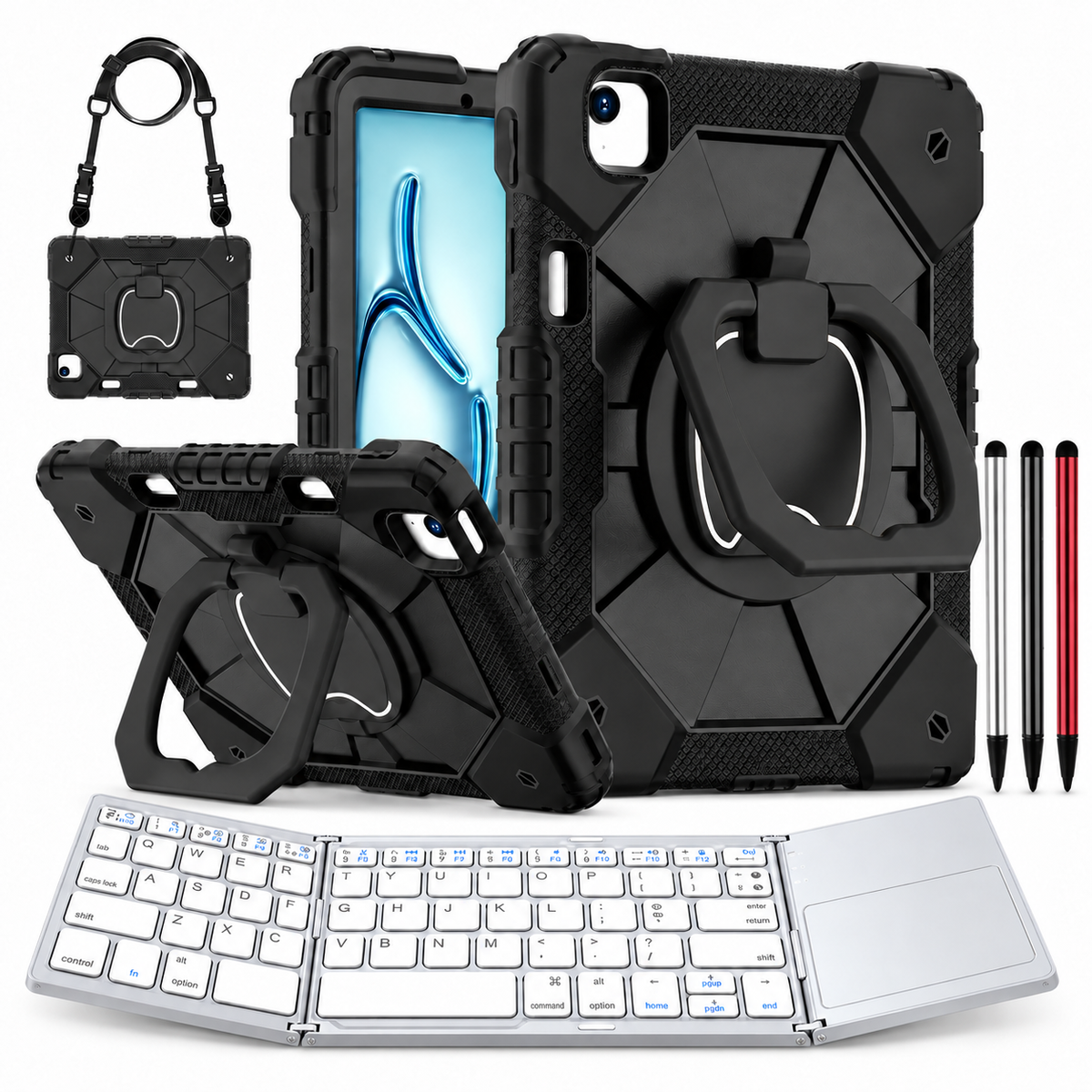 RhinoGuard ArmorPro WorkForce Fold: Black iPad case, silver folding keyboard and black, silver and red stylus 3-pack