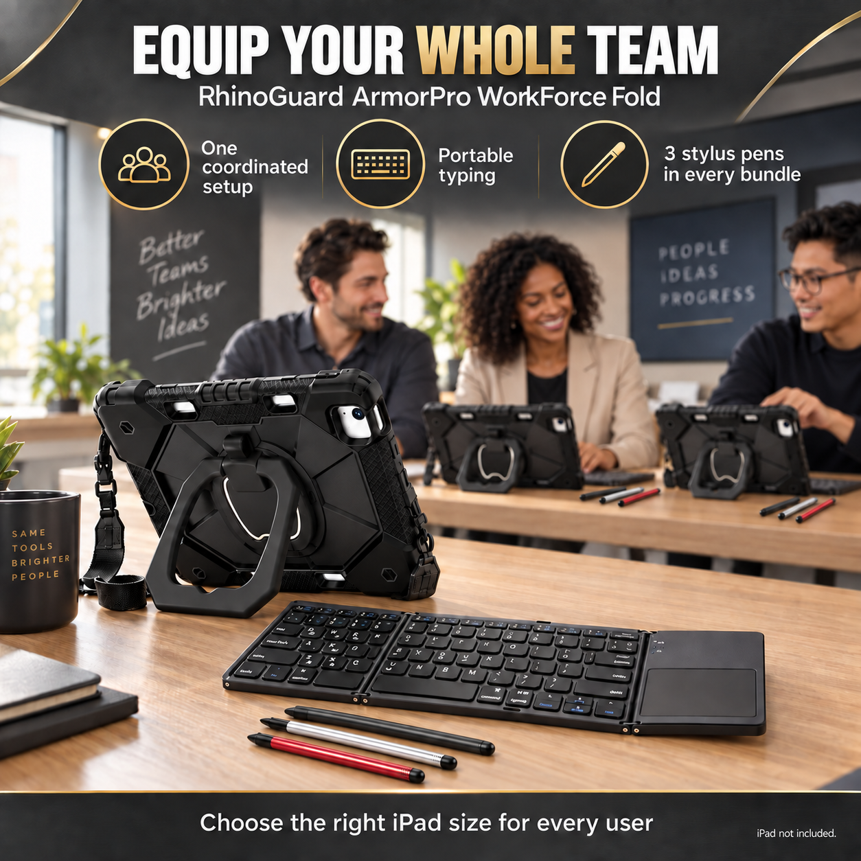 RhinoGuard ArmorPro WorkForce Fold bulk team with folding keyboard and black, silver and red stylus 3-pack