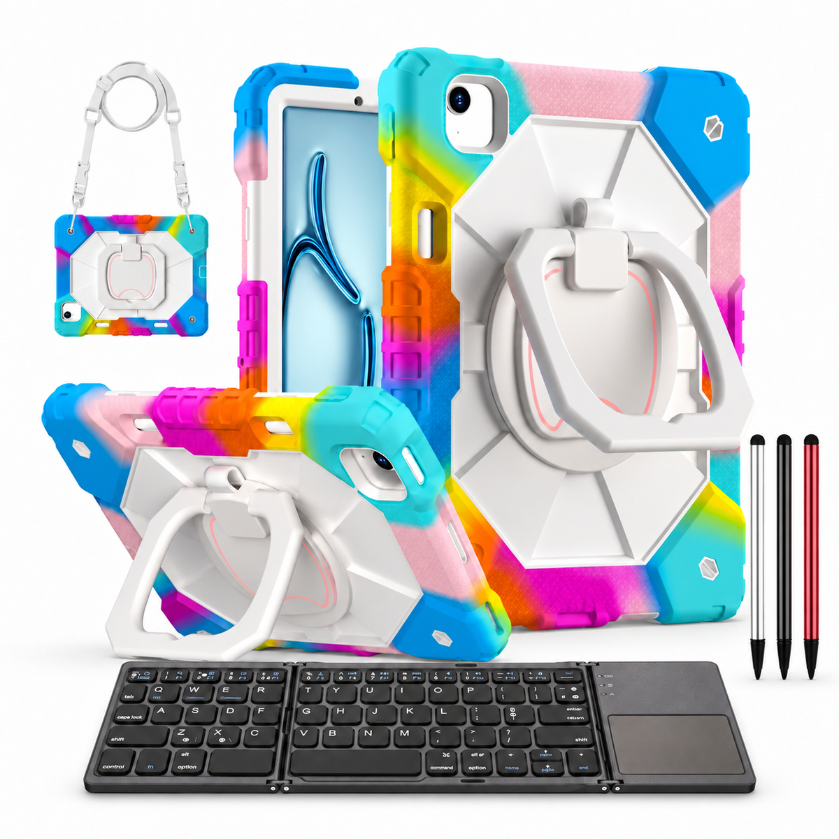 RhinoGuard ArmorPro WorkForce Fold: Colorful Blue iPad case, black folding keyboard and black, silver and red stylus 3-pack