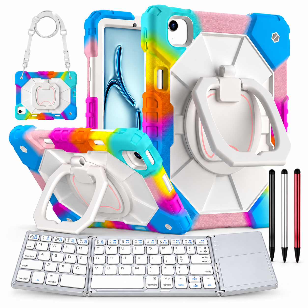 RhinoGuard ArmorPro WorkForce Fold: Colorful Blue iPad case, silver folding keyboard and black, silver and red stylus 3-pack