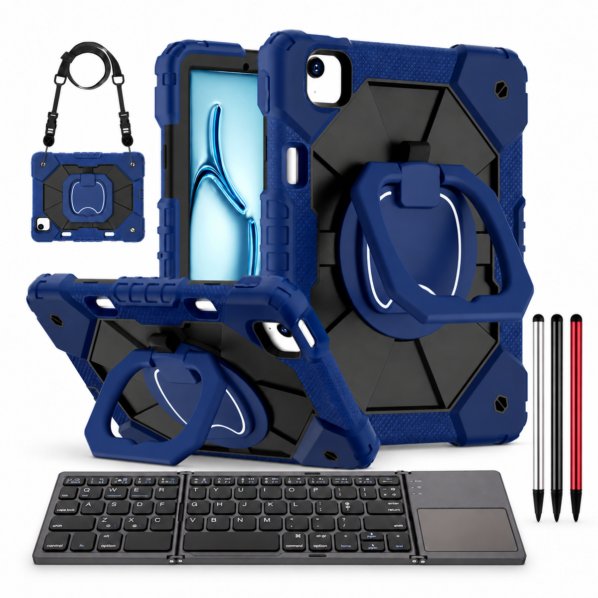 RhinoGuard ArmorPro WorkForce Fold: Navy Black iPad case, black folding keyboard and black, silver and red stylus 3-pack