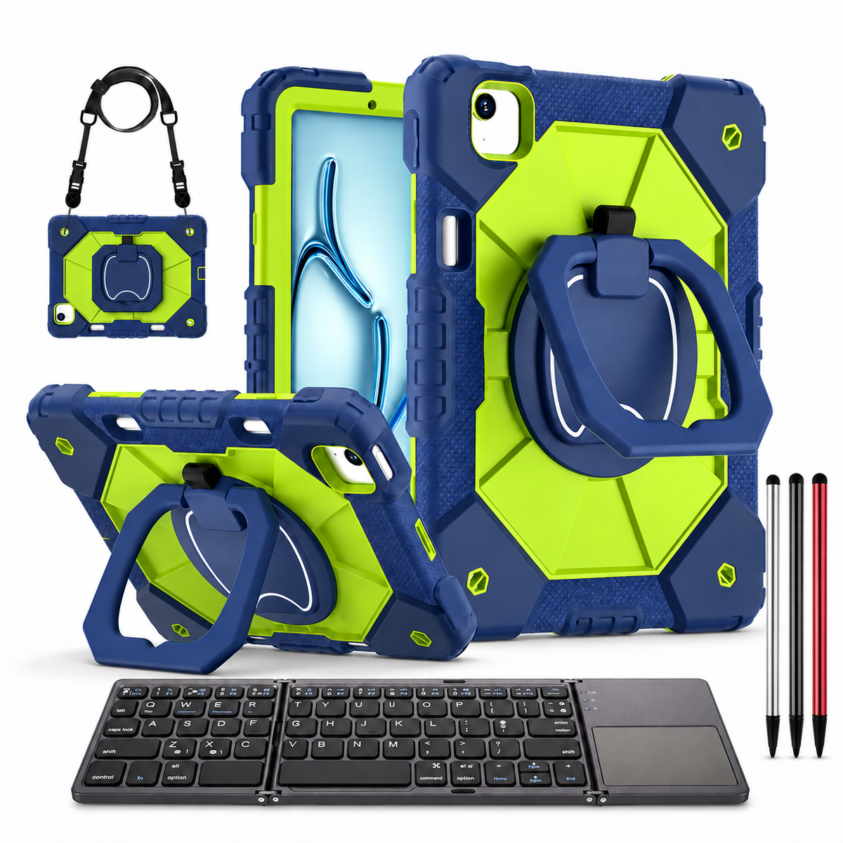 RhinoGuard ArmorPro WorkForce Fold: Navy Green iPad case, black folding keyboard and black, silver and red stylus 3-pack