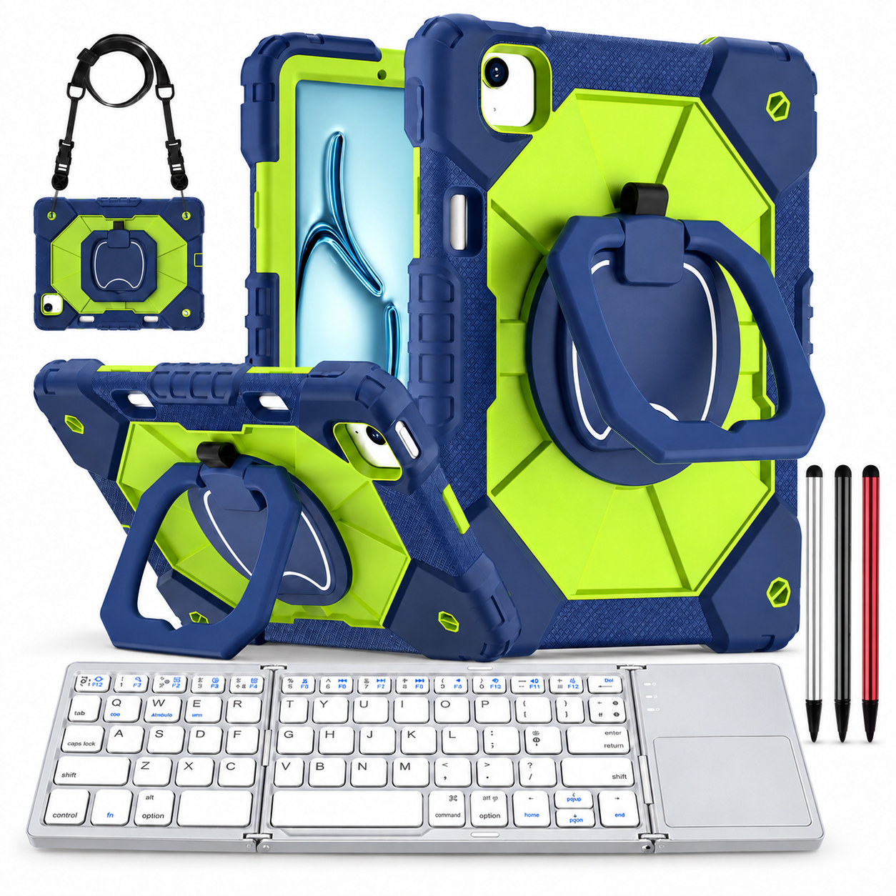 RhinoGuard ArmorPro WorkForce Fold: Navy Green iPad case, silver folding keyboard and black, silver and red stylus 3-pack