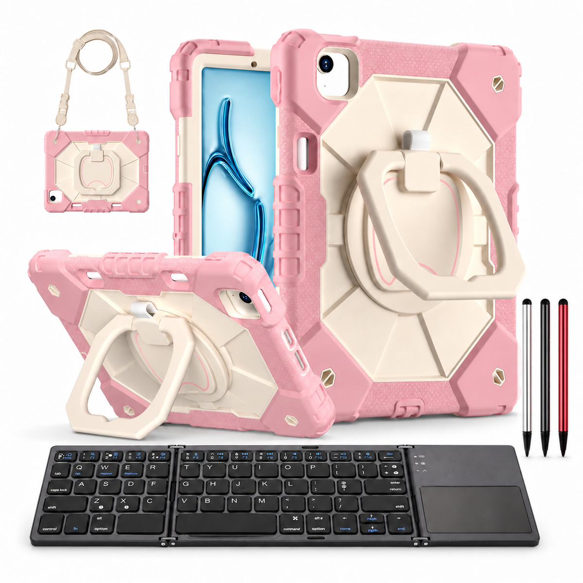 RhinoGuard ArmorPro WorkForce Fold: Pink White iPad case, black folding keyboard and black, silver and red stylus 3-pack