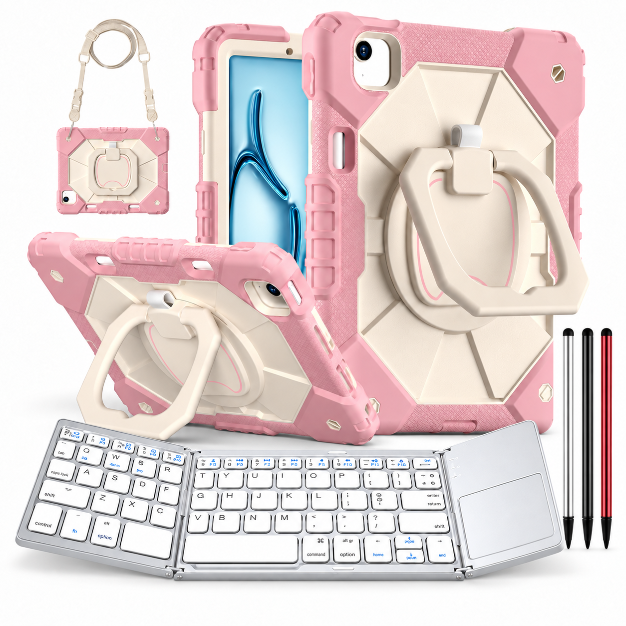 RhinoGuard ArmorPro WorkForce Fold: Pink White iPad case, silver folding keyboard and black, silver and red stylus 3-pack