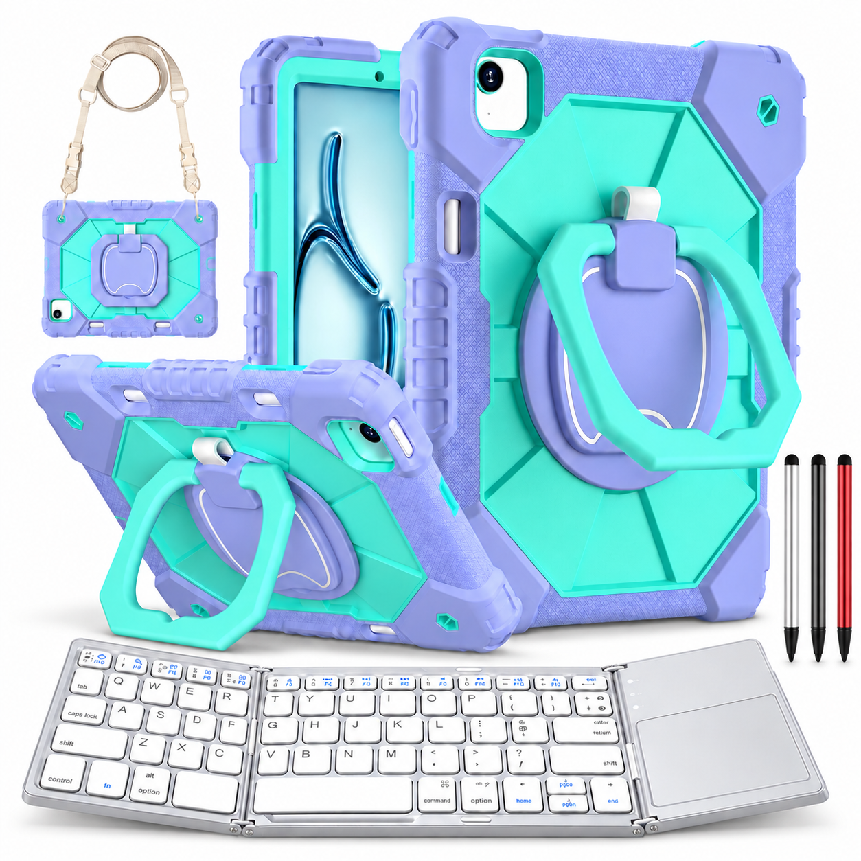 RhinoGuard ArmorPro WorkForce Fold: Purple Mint iPad case, silver folding keyboard and black, silver and red stylus 3-pack