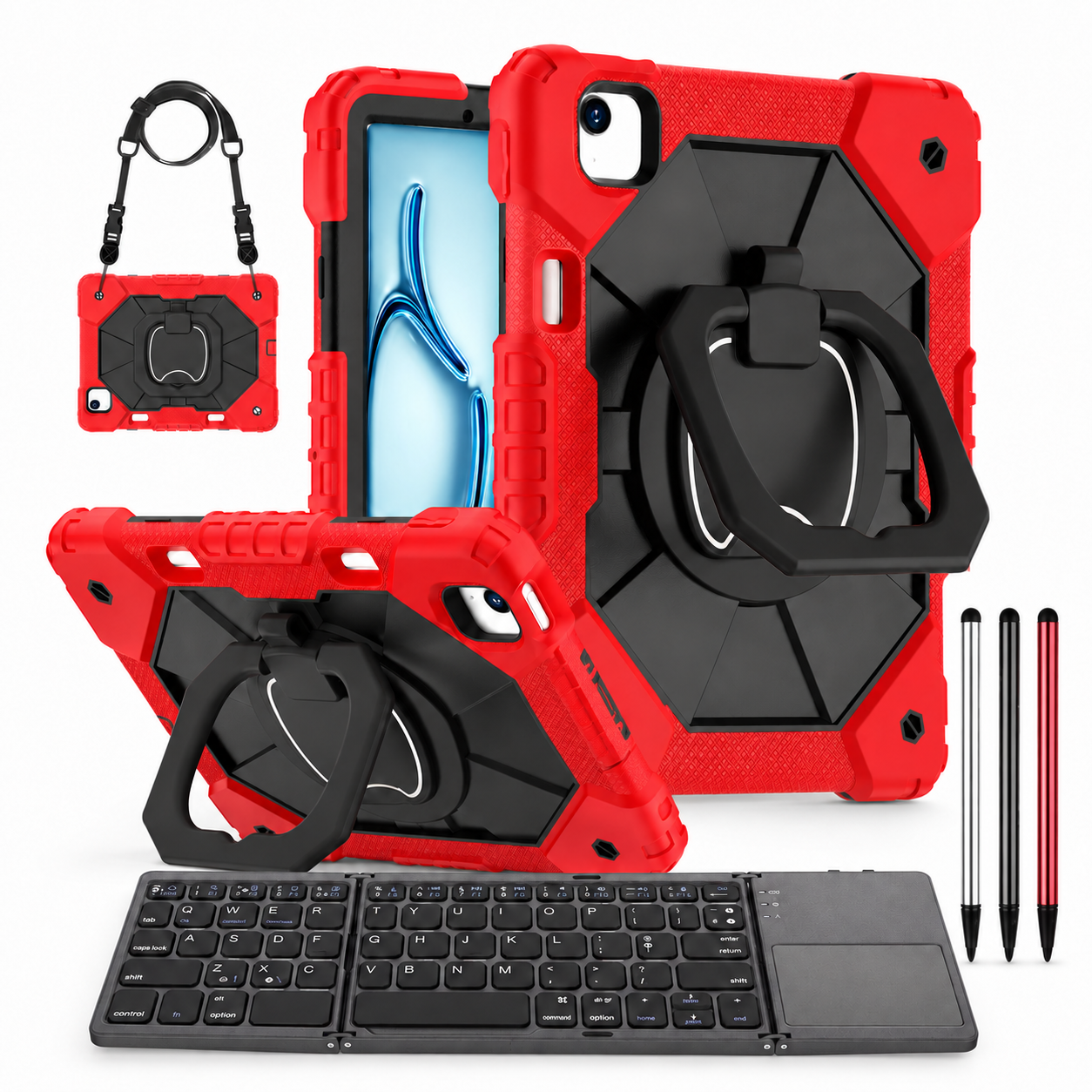 RhinoGuard ArmorPro WorkForce Fold: Red Black iPad case, black folding keyboard and black, silver and red stylus 3-pack