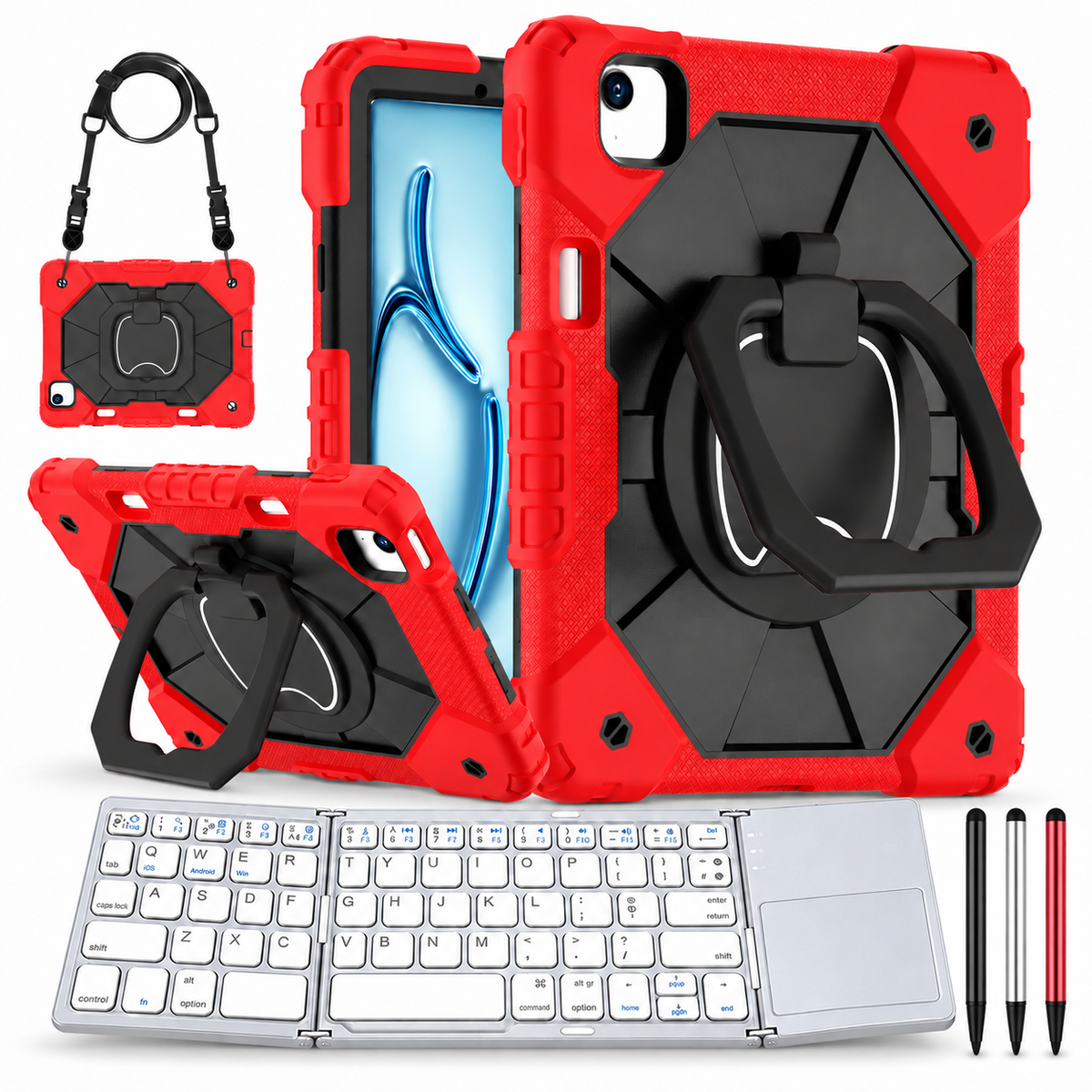 RhinoGuard ArmorPro WorkForce Fold: Red Black iPad case, silver folding keyboard and black, silver and red stylus 3-pack