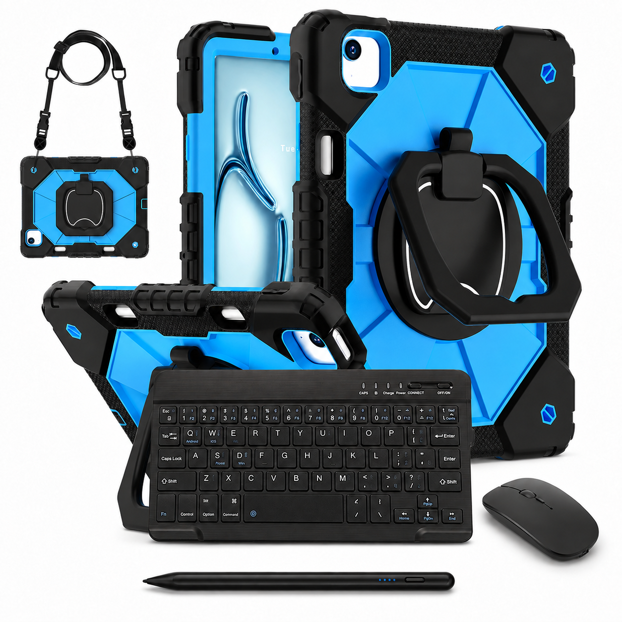 RhinoGuard ArmorPro WorkForce Complete Black / Blue iPad case bundle with 10-inch wireless keyboard, mouse and universal touchscreen stylus