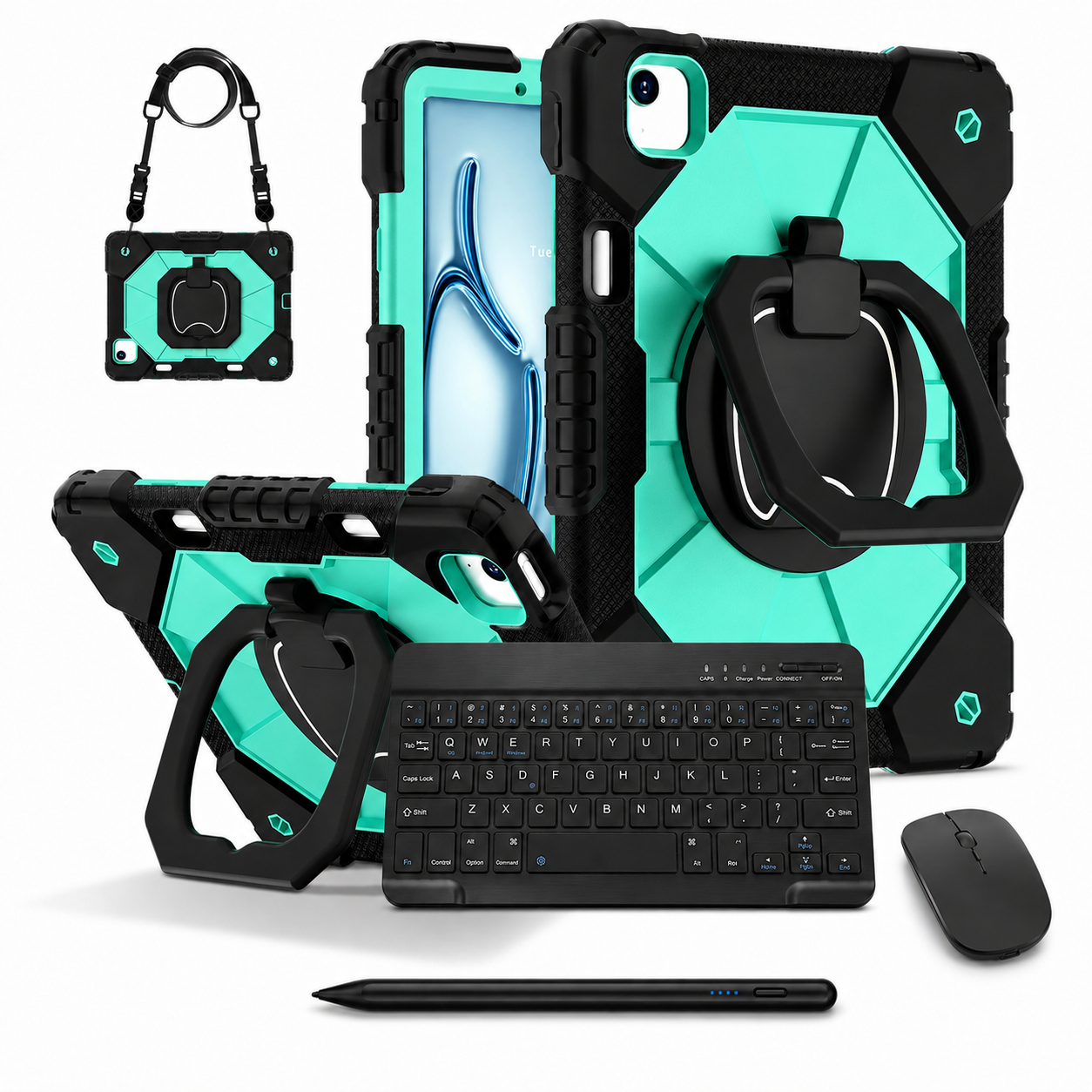 RhinoGuard ArmorPro WorkForce Complete Black / Mint Green iPad case bundle with 10-inch wireless keyboard, mouse and universal touchscreen stylus