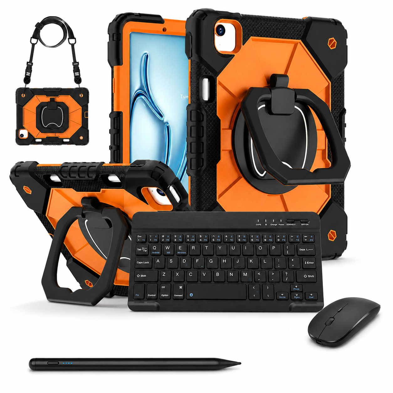 RhinoGuard ArmorPro WorkForce Complete Black / Orange iPad case bundle with 10-inch wireless keyboard, mouse and universal touchscreen stylus