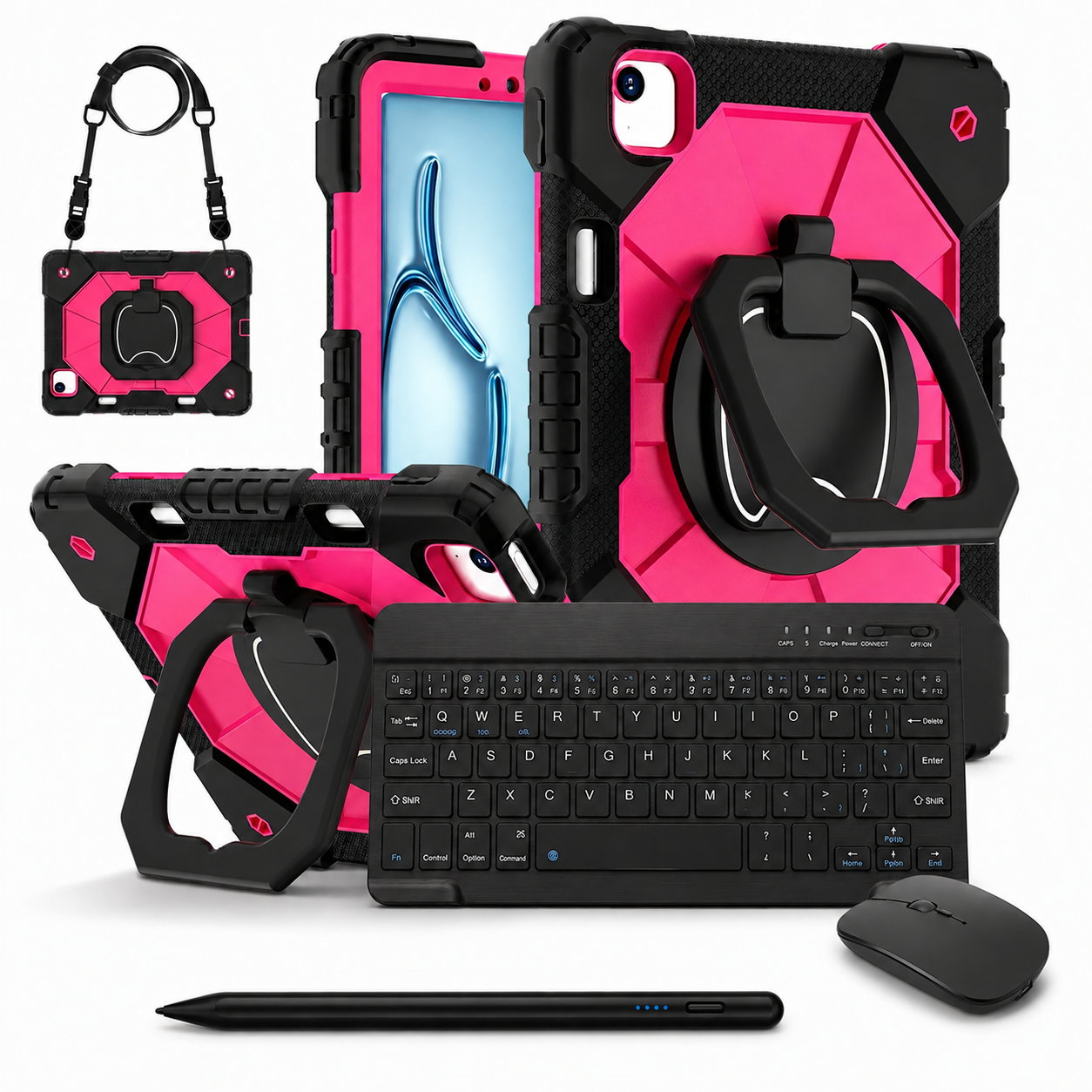 RhinoGuard ArmorPro WorkForce Complete Black / Rose iPad case bundle with 10-inch wireless keyboard, mouse and universal touchscreen stylus