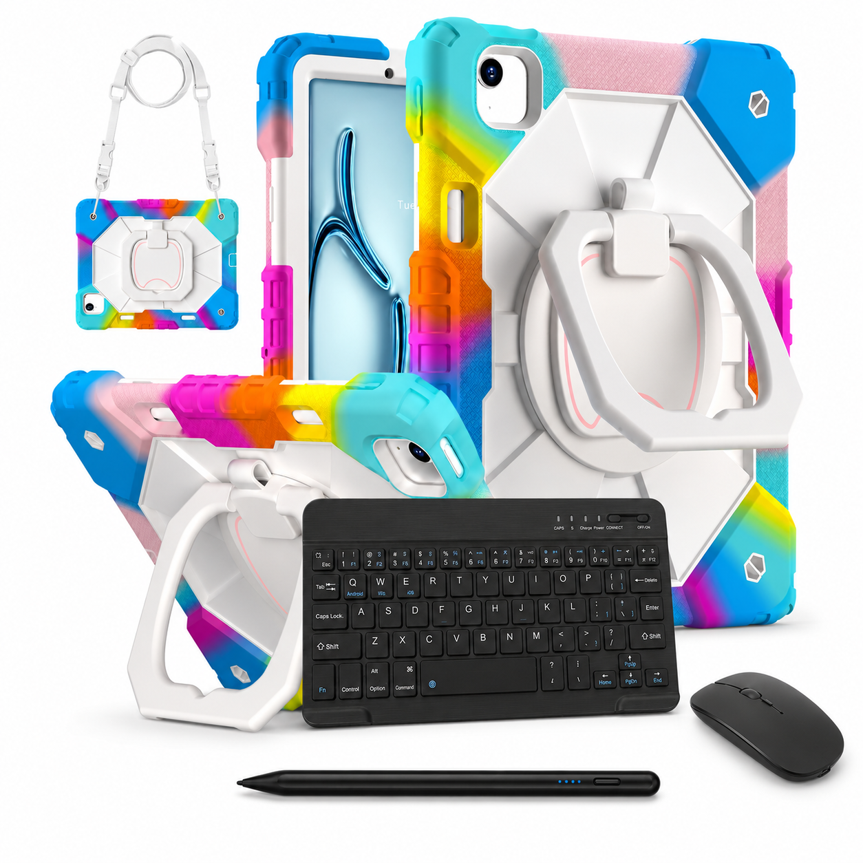 RhinoGuard ArmorPro WorkForce Complete Colorful Blue iPad case bundle with 10-inch wireless keyboard, mouse and universal touchscreen stylus