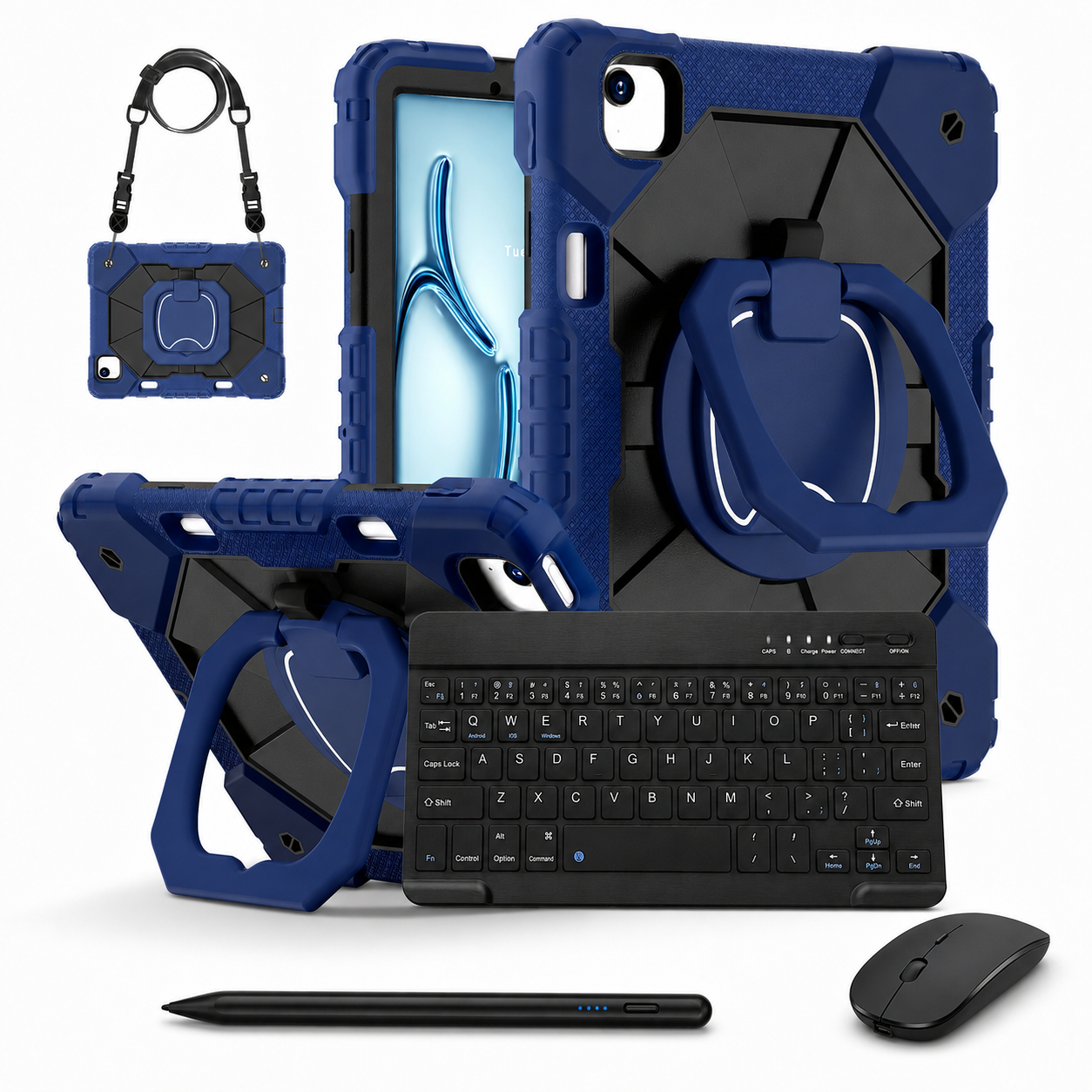 RhinoGuard ArmorPro WorkForce Complete Navy / Black iPad case bundle with 10-inch wireless keyboard, mouse and universal touchscreen stylus