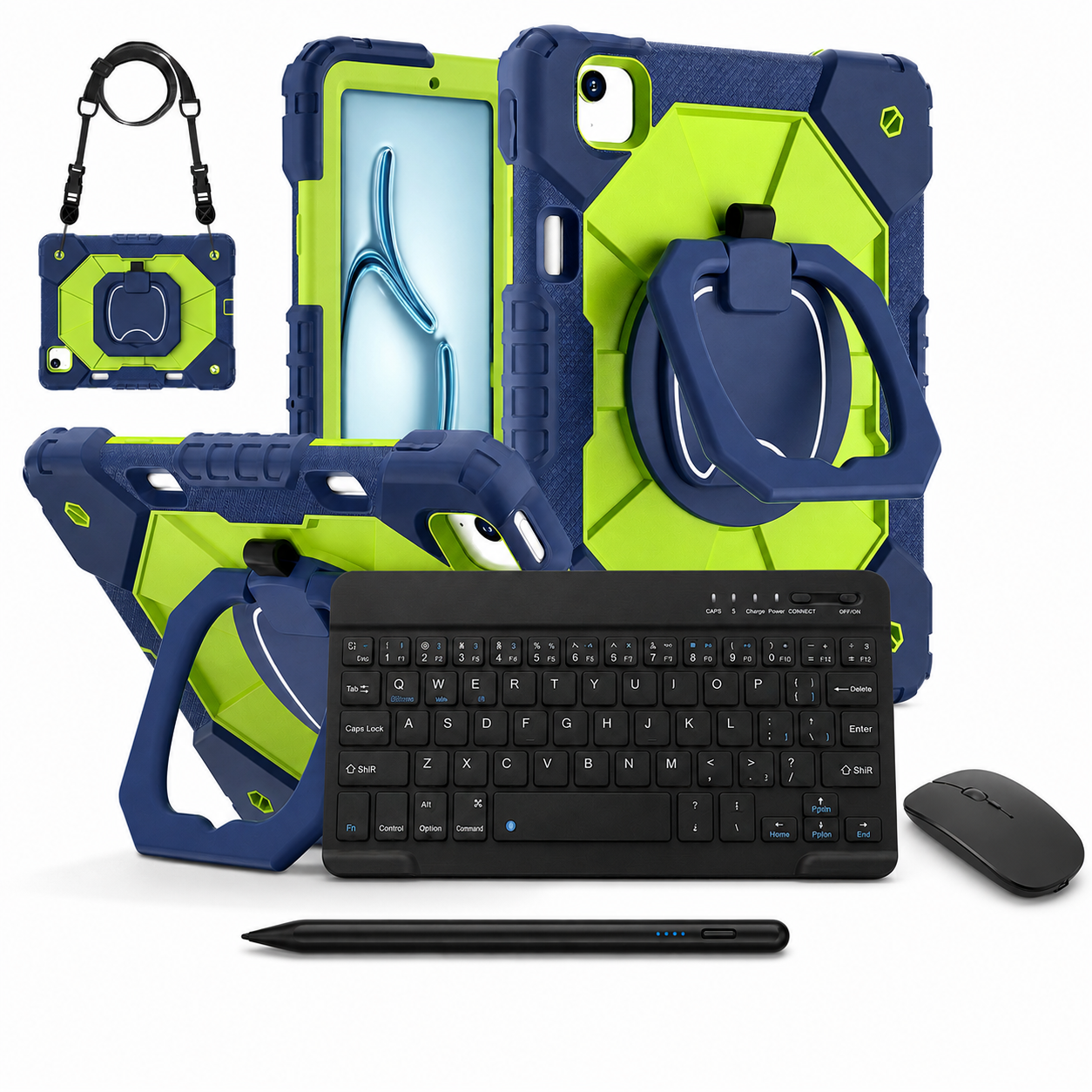 RhinoGuard ArmorPro WorkForce Complete Navy / Green iPad case bundle with 10-inch wireless keyboard, mouse and universal touchscreen stylus