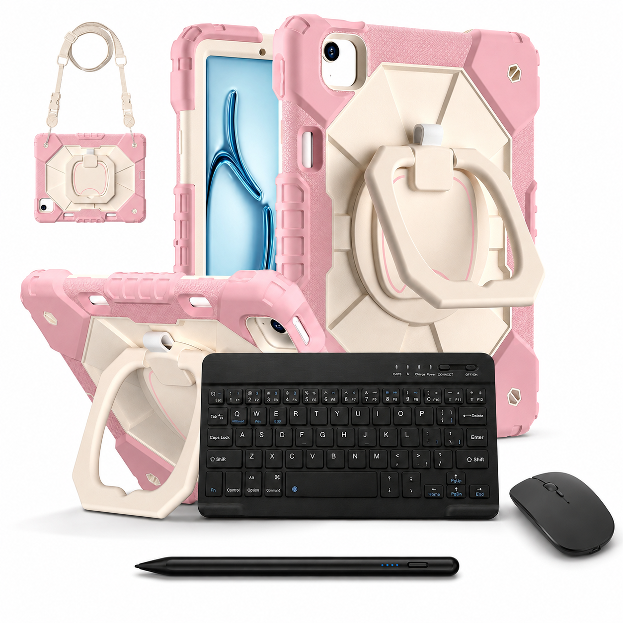 RhinoGuard ArmorPro WorkForce Complete Pink / White iPad case bundle with 10-inch wireless keyboard, mouse and universal touchscreen stylus
