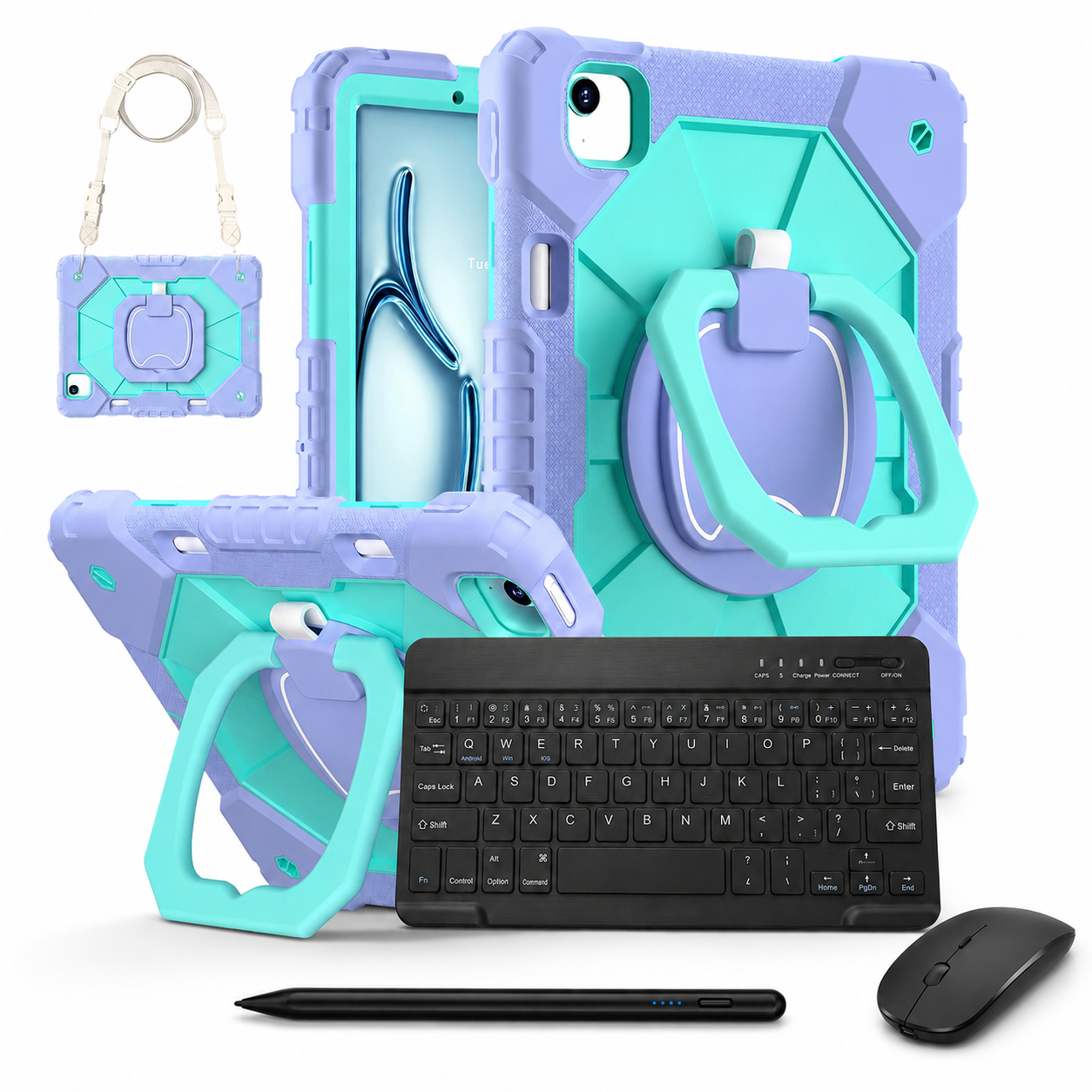RhinoGuard ArmorPro WorkForce Complete Purple / Mint Green iPad case bundle with 10-inch wireless keyboard, mouse and universal touchscreen stylus