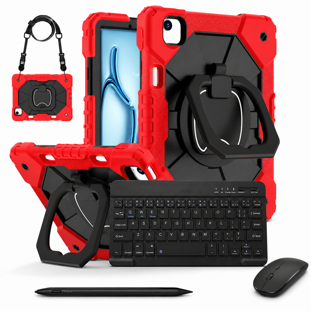 RhinoGuard ArmorPro WorkForce Complete Red / Black iPad case bundle with 10-inch wireless keyboard, mouse and universal touchscreen stylus