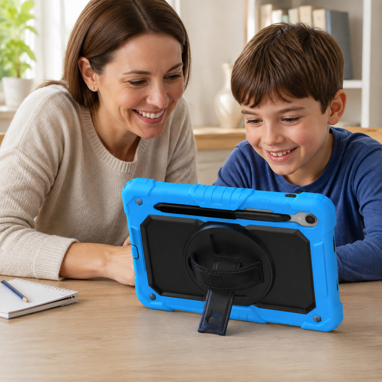 Family learning with Light Blue RhinoGuard Bastion 360 Max Galaxy Tab case on kickstand