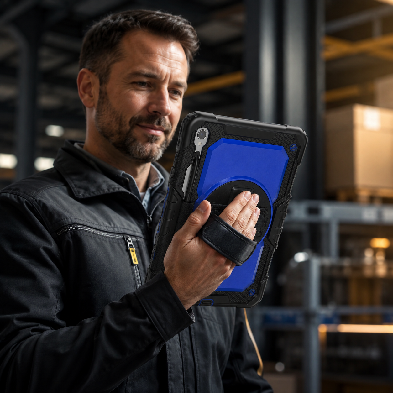 Professional using RhinoGuard Bastion 360 Max Galaxy Tab case with rotating hand strap