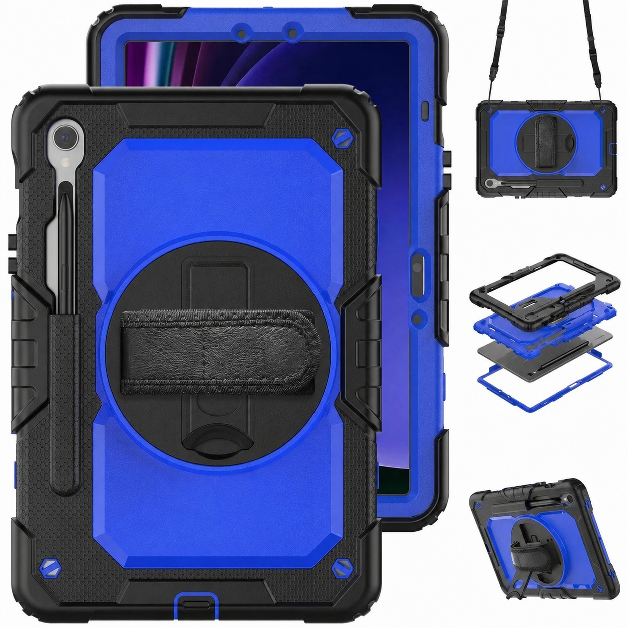 RhinoGuard Bastion 360 Max Galaxy Tab case in Black and Dark Blue with strap, layered construction and kickstand views