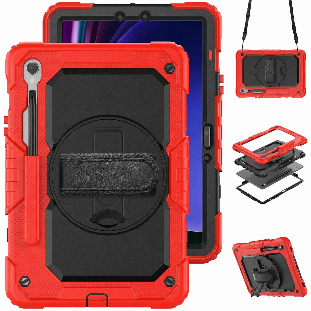RhinoGuard Bastion 360 Max Galaxy Tab case in Red with strap, layered construction and kickstand views