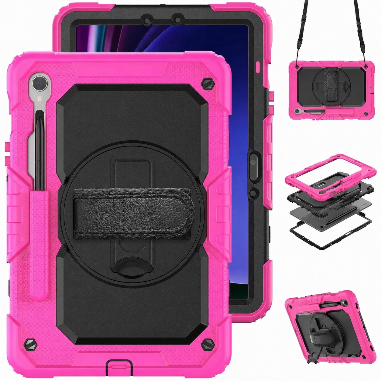 RhinoGuard Bastion 360 Max Galaxy Tab case in Rose with strap, layered construction and kickstand views