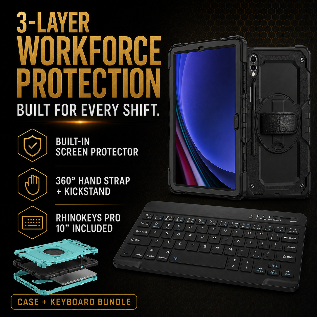 RhinoGuard Galaxy WorkForce 360° 3-Layer case and RhinoKeys Pro keyboard with built-in screen protector, rotating hand strap and kickstand