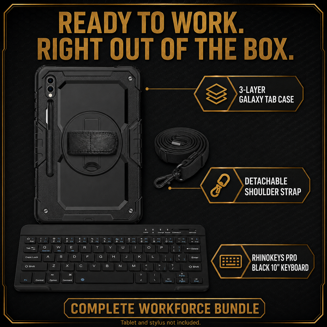 Complete RhinoGuard Galaxy WorkForce 360° 3-Layer bundle contents with rugged case, detachable shoulder strap and Black 10-inch RhinoKeys Pro keyboard