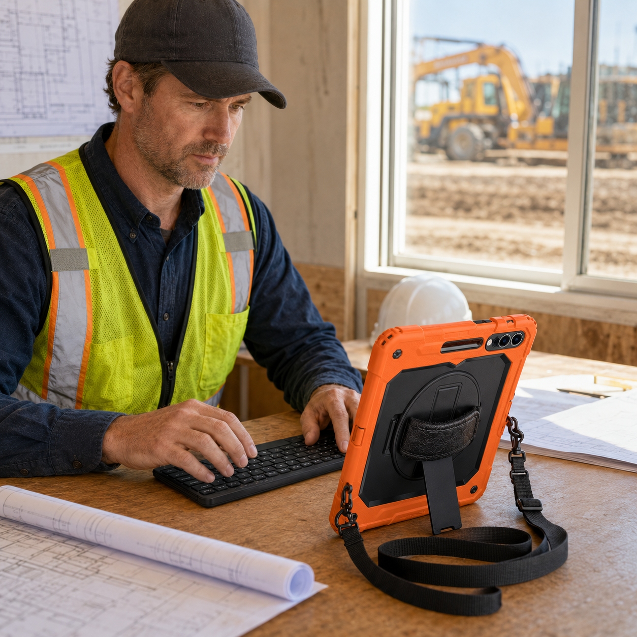 Construction professional using the Black / Safety Orange RhinoGuard Galaxy WorkForce case and RhinoKeys Pro keyboard at a jobsite