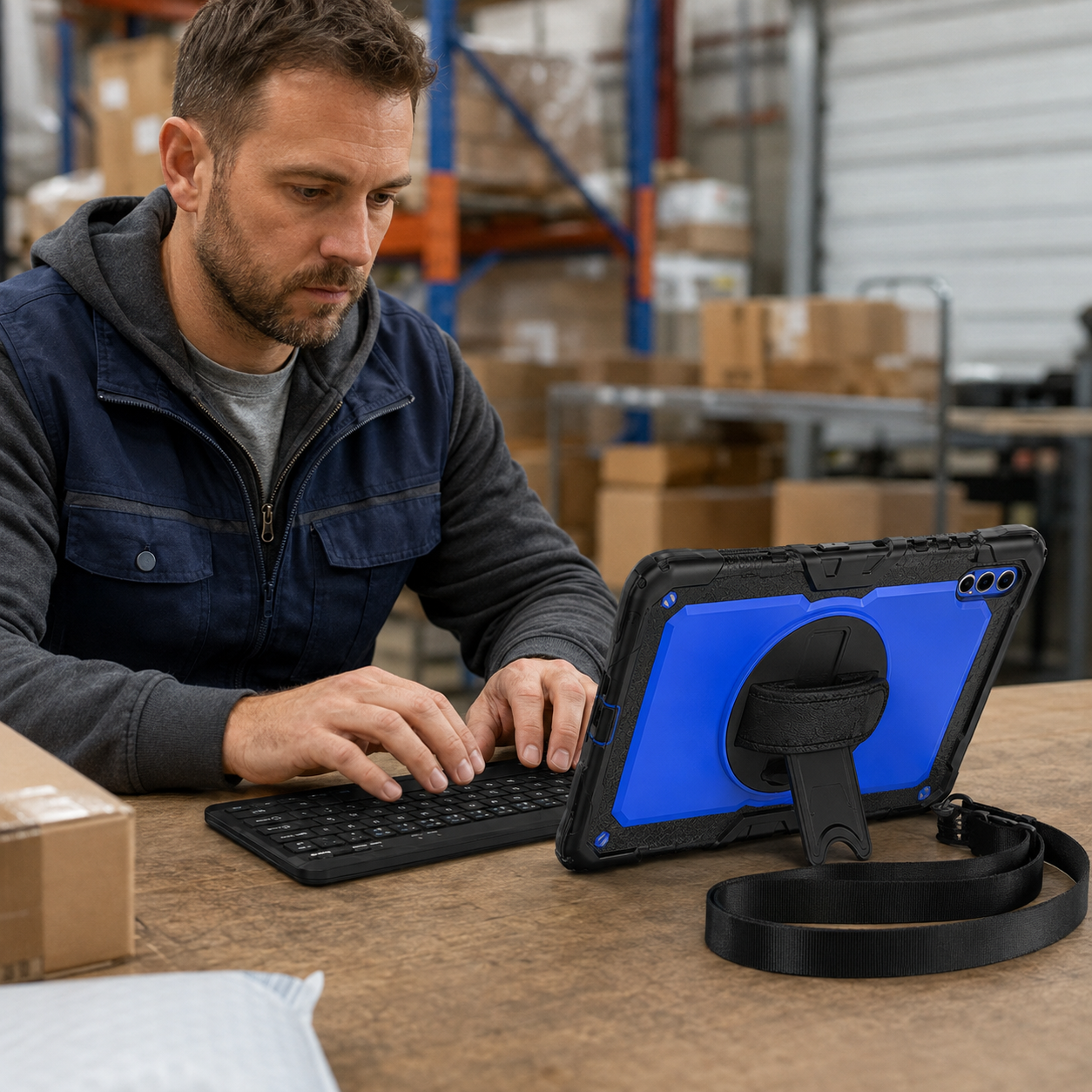 Warehouse professional using the Royal Blue / Black RhinoGuard Galaxy WorkForce case and RhinoKeys Pro keyboard