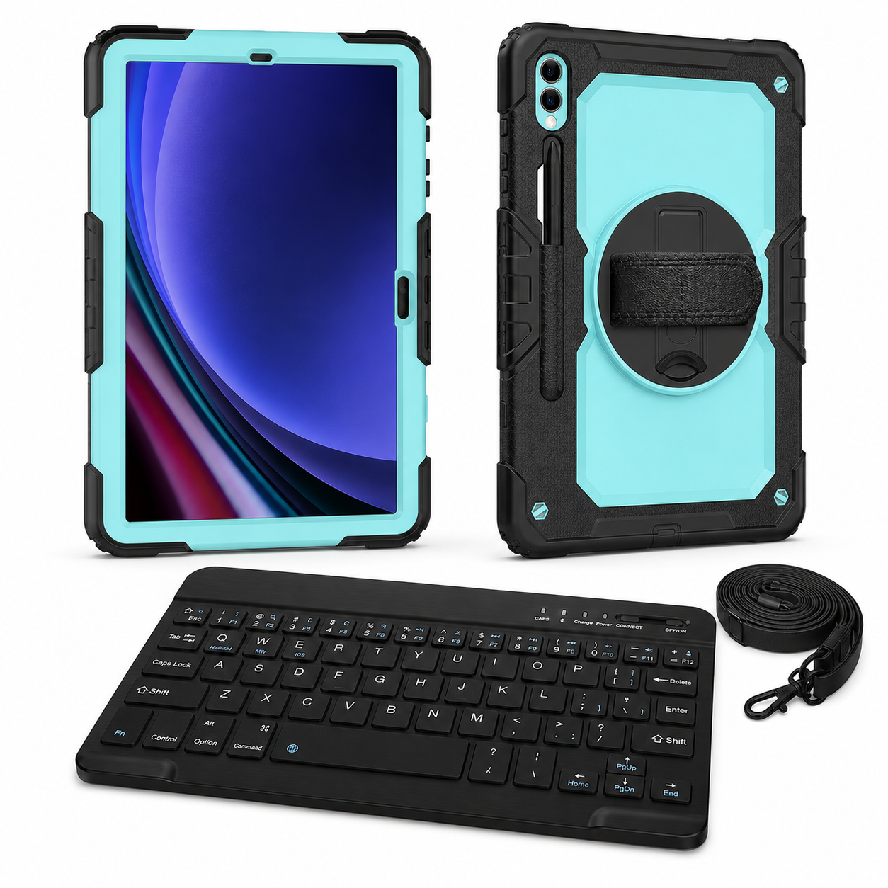 RhinoGuard Galaxy WorkForce 360° 3-Layer bundle in Sky Blue / Black with included RhinoKeys Pro Black 10-inch wireless keyboard